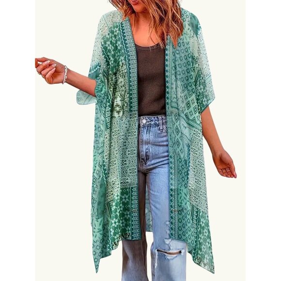 CCC Bohemian Style Patchwork Cape Lightweight Sheer Fabric Elegant Turquoise Whi - Picture 2 of 10